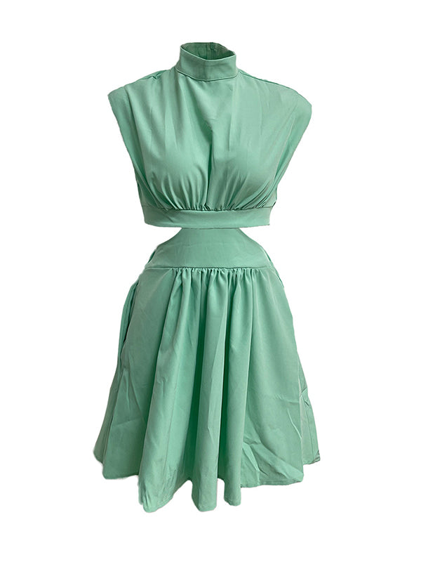 Skinny Belly-hollow Pleated Color Stand Collar Mini Dresses