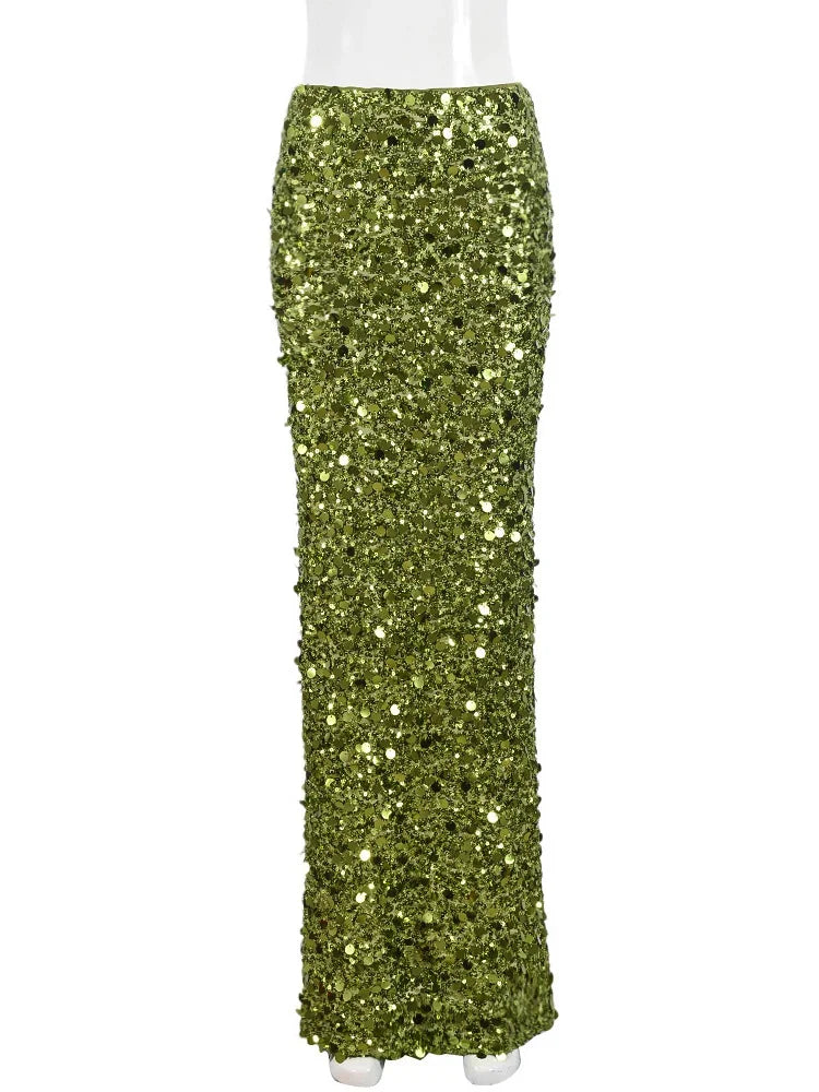 Glitter Sequin Maxi Skirt for Slim Patchwork Party Looks Shiny Metallic Long Skirt