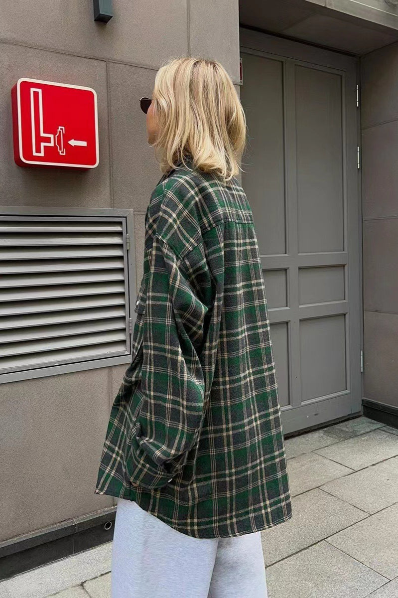 American Plaid Double-pocket Mid-length Blouse