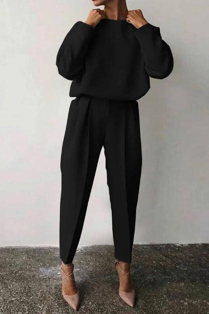 Color Round Neck Pencil Pants Suit