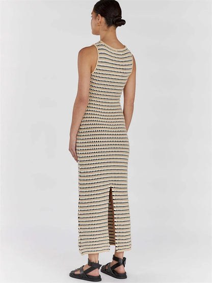 Striped See-through Long Dress Female Sleeveless High Waist Patchwork Beach Dress Knit Maxi Dress Summer