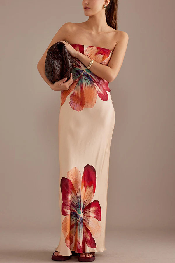 Charming Lady Satin Print Bandeau Loose Maxi Dress