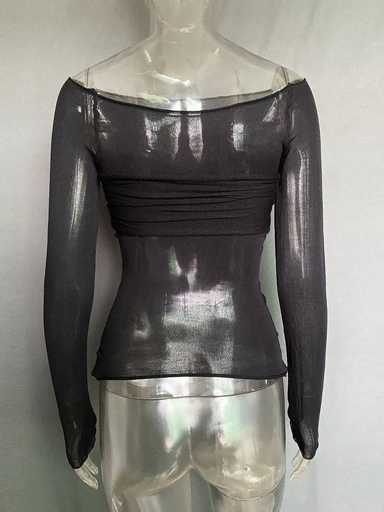 Long Sleeve Shoulder Gauze T-shirts Slim Versatile T-shirt Spring Female Off Shouler Tops