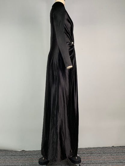 Color Bodycon Long Sleeves Pleated Split-front Tied Waist Deep V-neck Maxi Dresses