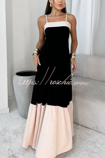 Fashionable Contrast Color Stitching Sling Maxi Dress