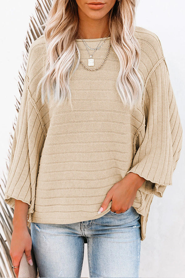 Apricot Color Ribbed Knit 3\/4 Sleeve Pullover Sweater