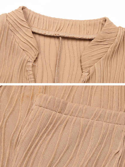 Loose Short Sleeves Pleated Color Split-joint V-neck Mini Dresses