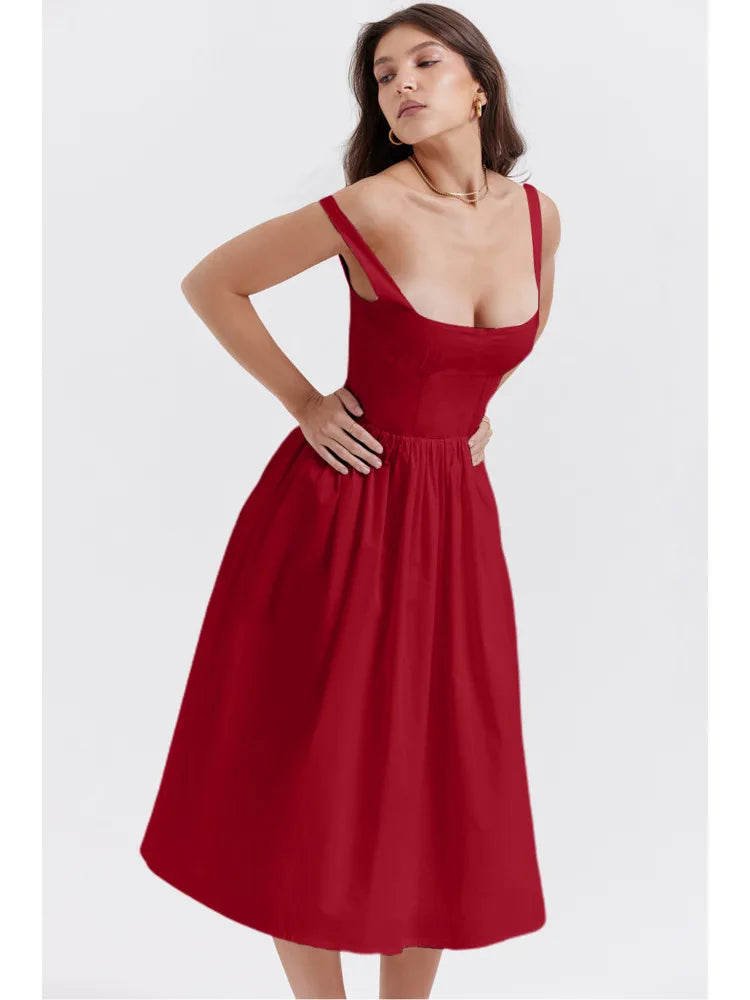 Summer New Backless Midi Dress Spaghetti Strap Sleeveless A-line Loose Slipdress Club Dress