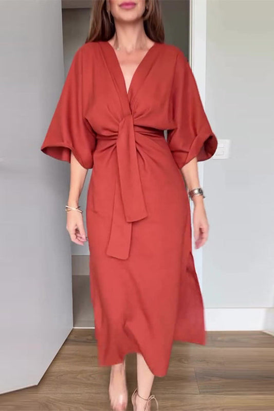 Color V-neck Half-sleeve Waist-tied Midi Dress