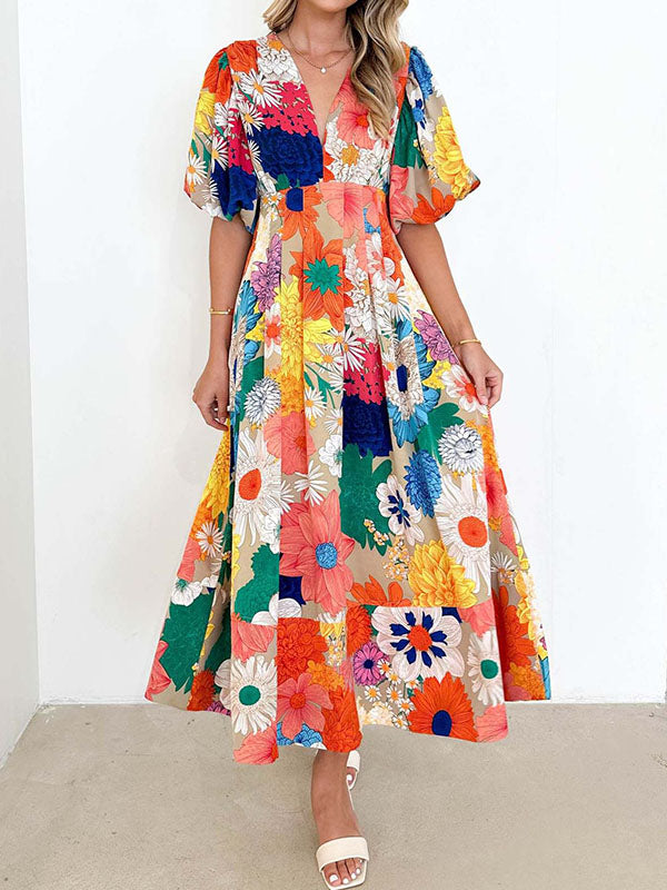 A-line High Waisted Flower Print Pleated Split-joint Zipper V-neck Maxi Dresses