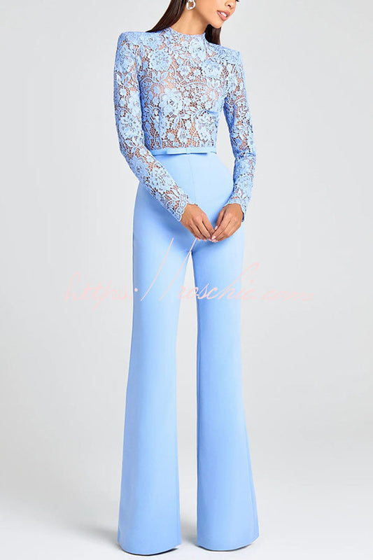 Party Charmer Flower Lace Patchwork Long Sleeve Bow Belted Flare Jumpsuit