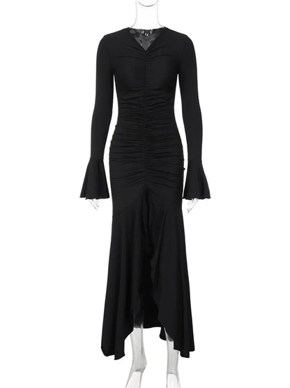 V-neck Pleated Slim Long Dress Female Ruffled Patchwork Party Dress New Maxi Dress