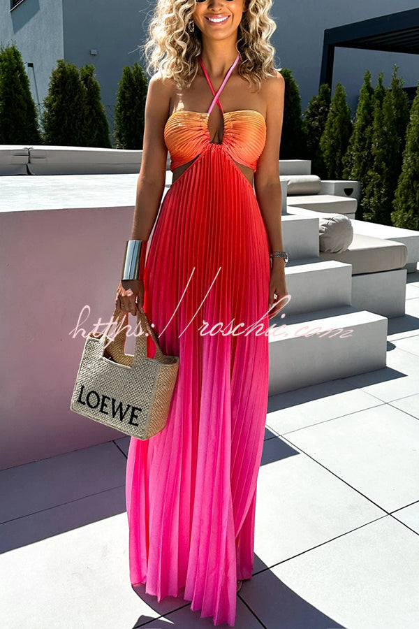 Get Ready Gradient Print Cutout Halterneck Pleated Maxi Dress