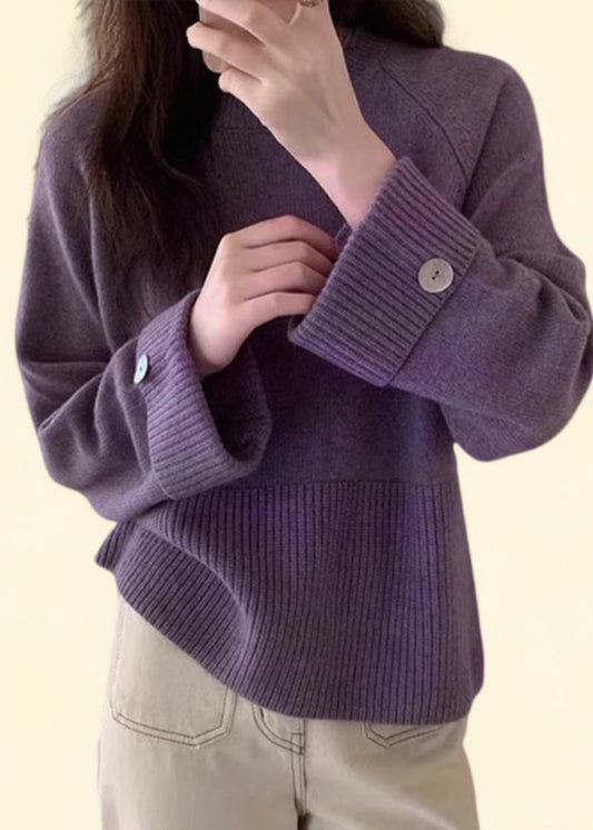 Purple O-neck Cozy Cotton Knit Sweater Top Fall Qp023