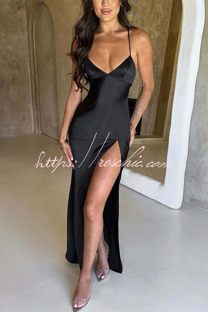 Satin Color Backless Lace Up High Slit Maxi Dress