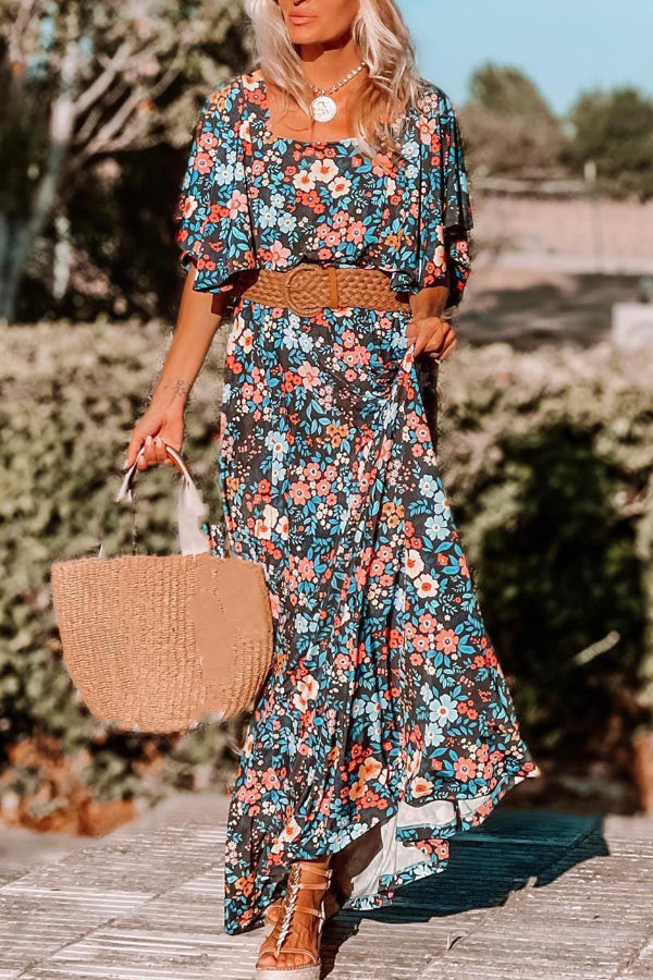 Sky Blue Print Knotted Backless Maxi Dress