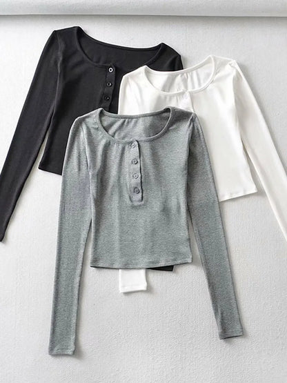 ’s Spring Autumn Slim Crop Tops Color Long Sleeve Button Down T-shirt Basic Tee Harajuku Tops