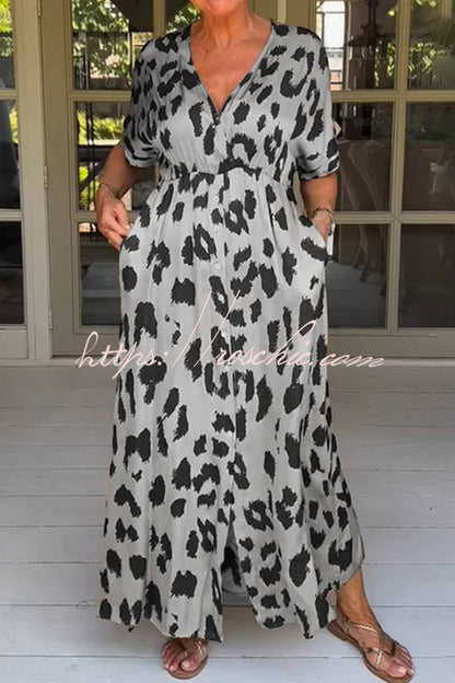 Leopard Print Loose V-neck Short-sleeved Pocket Midi Dress