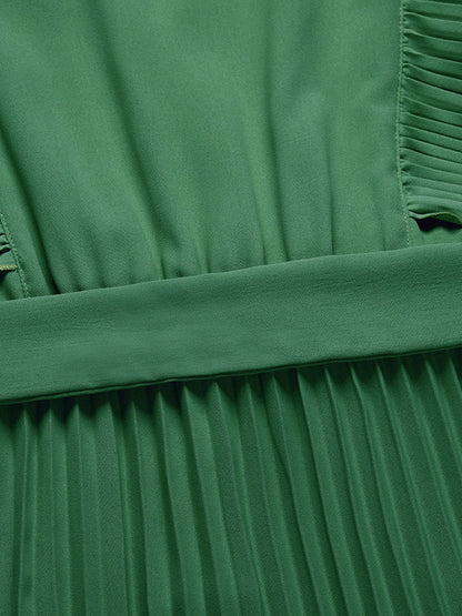 Loose Sleeveless Pleated Color Split-joint Tied Waist V-neck Maxi Dresses