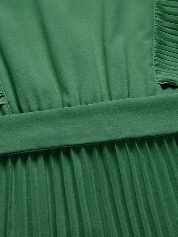 Loose Sleeveless Pleated Color Split-joint Tied Waist V-neck Maxi Dresses