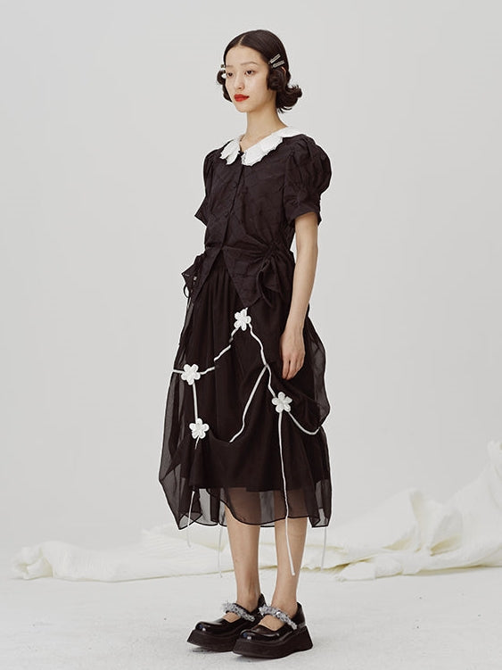 Black Embroidered Midi Skirt - Sheer Overlay Asymmetric Gothic Lolita Style