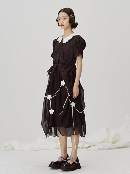 Black Embroidered Midi Skirt - Sheer Overlay Asymmetric Gothic Lolita Style