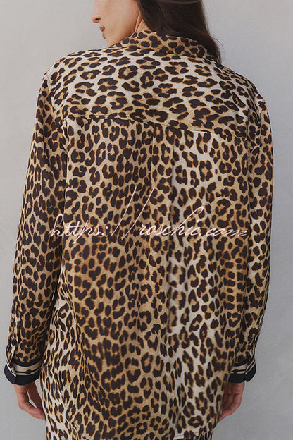 Unique Print Lapel Long Sleeve Loose Shirt and Elastic Waist Pocket Wide Leg Pants Set