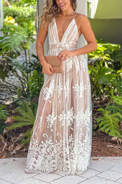 White and Beige Cross Back Tulle Maxi Dress