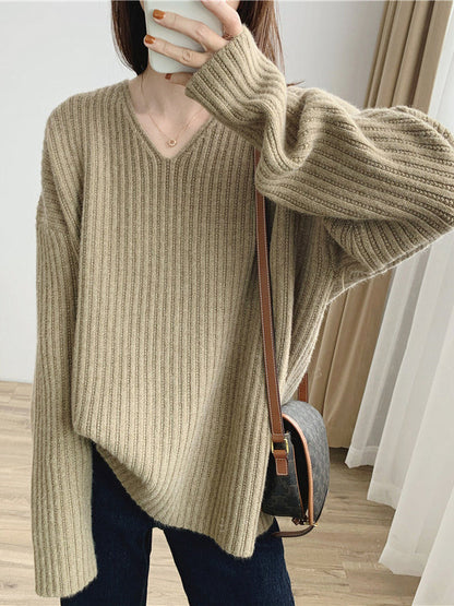 Caramel V-neck Long Sleeves Striped Knit Sweater Qx001