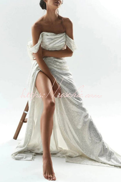 Silver Sequin Slit Off Shoulder Maxi Dress With Long Train