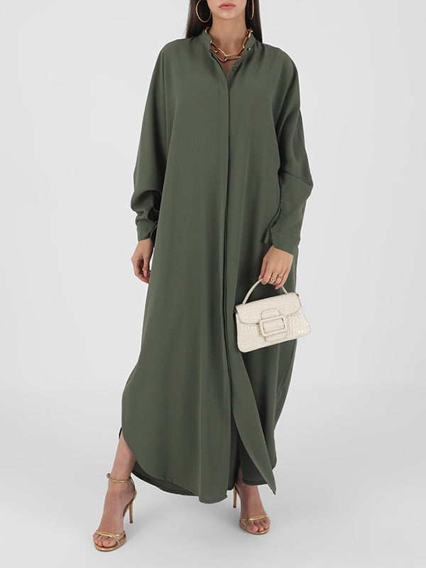 Batwing Sleeves Loose Buttoned Muslim Color Split-side Round-neck Maxi Dresses
