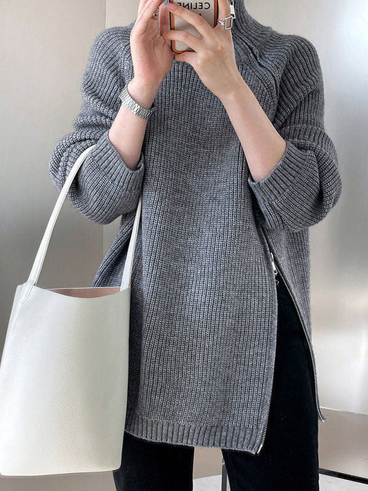 Urban Grey Halter-neck Split-side Zip-up Long Sleeve Sweater An1033