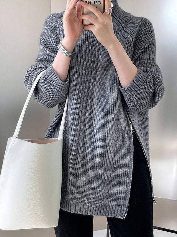 Urban Grey Halter-neck Split-side Zip-up Long Sleeve Sweater An1033