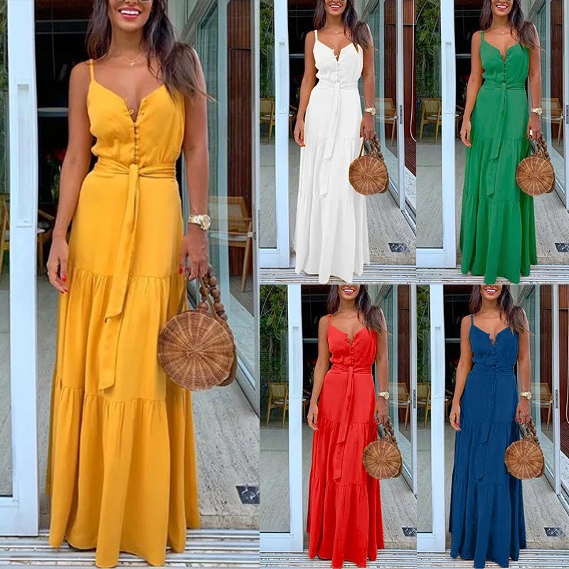 Summer Spaghetti Strap Long Dress Style Vacation Maxi Beach Dresses for Lady Robe Vestidos