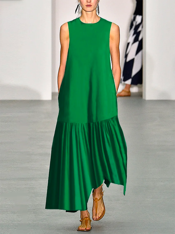 A-line Loose Color Split-joint Round-neck Maxi Dresses