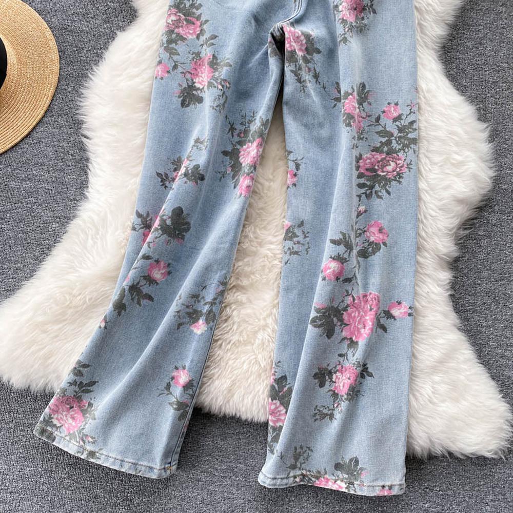 Blue Rose Print Wide Leg Denim Pants Ar1016