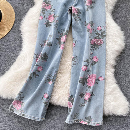 Blue Rose Print Wide Leg Denim Pants Ar1016