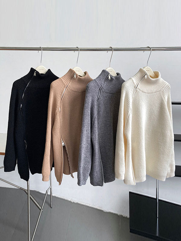 Urban Grey Halter-neck Split-side Zip-up Long Sleeve Sweater An1033