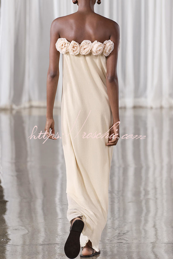 Blooming Flower Applique Elastic Off Shoulder Strapless Maxi Dress