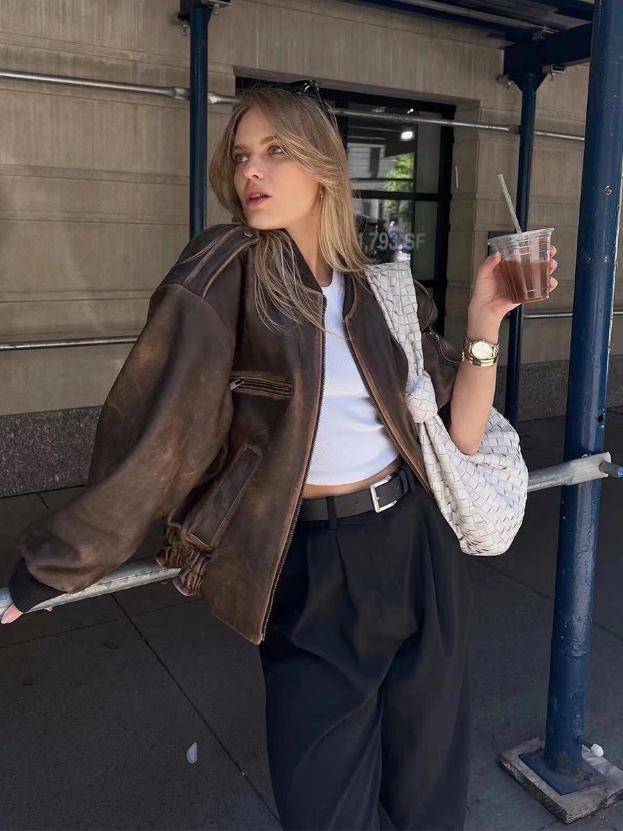 O-neck Zipper Loose Lantern Long Pocket Short Coat