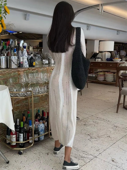 Hollow Out Knit Maxi Dress for Slim Long Sleeve Autumn Party Dress Female Knitwear Dress