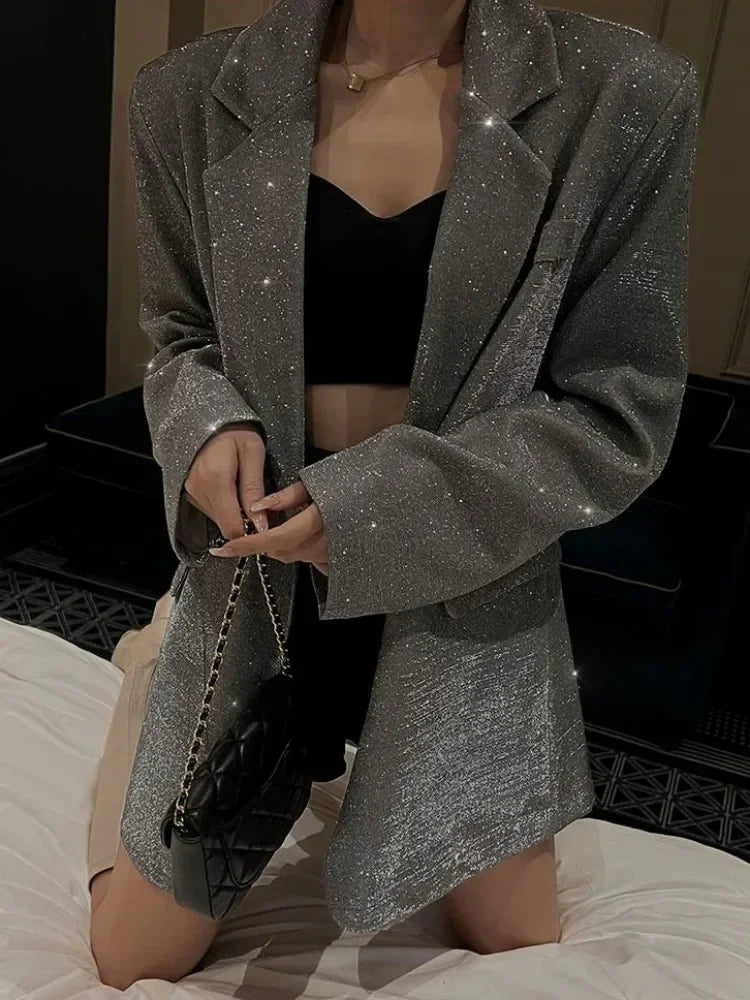 Sequin Glitter Lapel Suit Outwear for – Long Sleeve Coat