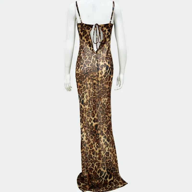 New Leopard Print See-through Suspender Dress Backless Sleeveless Long Dresses High Waist Lace-up Evening Dress