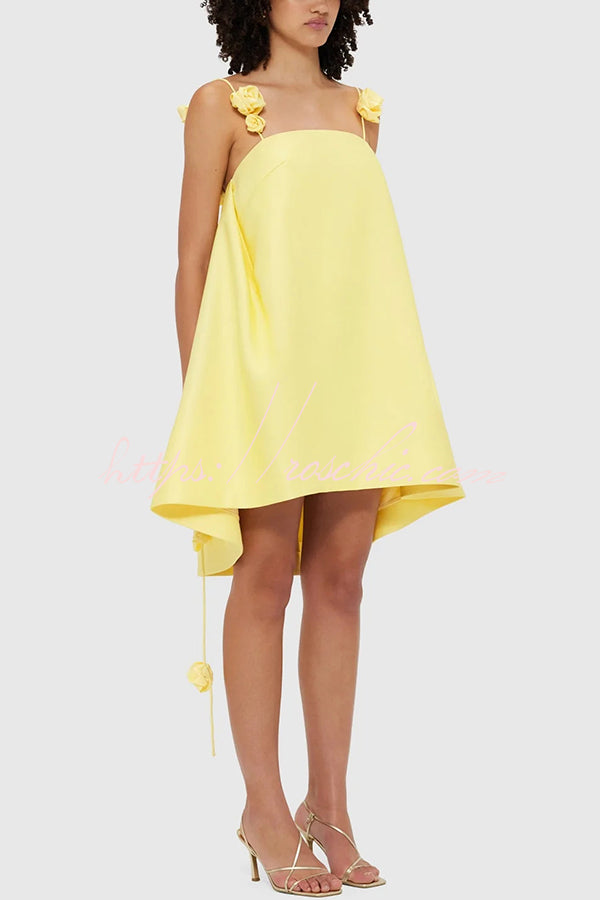 Playful and Flattering Silhouette 3d Rose Drape Straps A-line Mini Dress