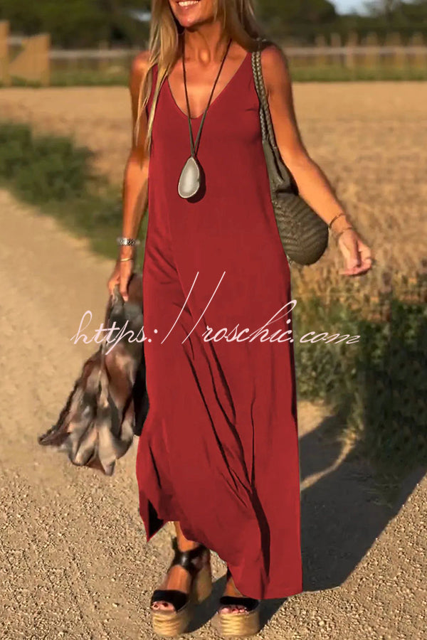 Color V-neck Sleeveless Loose Maxi Dress