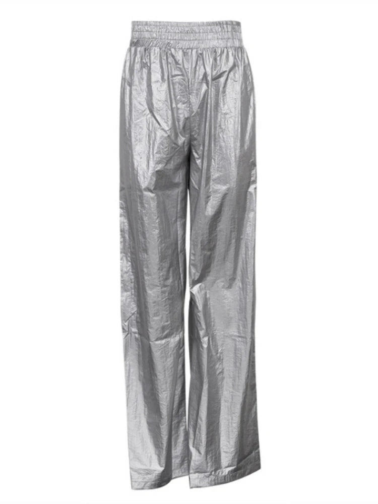 Pu Silver Pants Autumn Winter High Waist Loose Wide Leg Pant Femme Party Club Woman