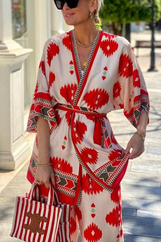Pop of Red Print Belted Kimono and Elastic Waist Pocket Cropped Pants Set