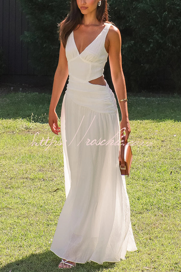 Color V-neck Waist Hollow Slim Maxi Dress