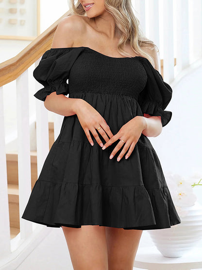 Loose Puff Sleeves Elasticity Pleated Color Split-joint Tiered Off-the-shoulder Mini Dresses