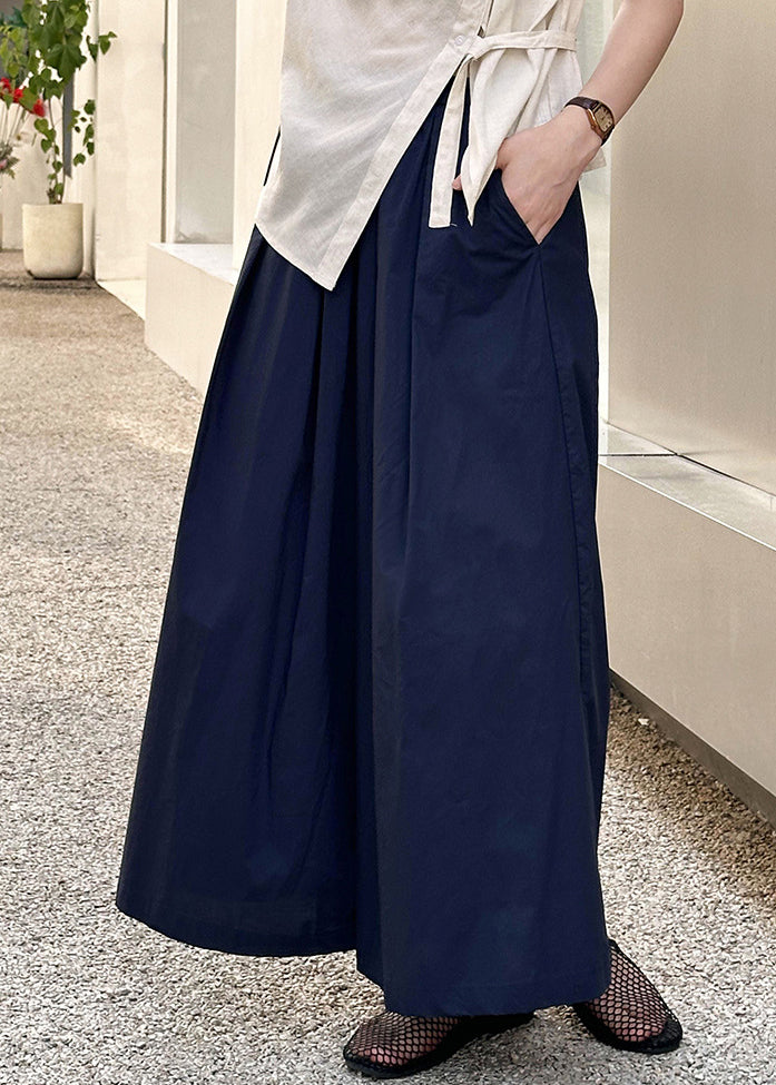 New Navy Pockets Elastic Waist Cotton Crop Pants Summer Af1077